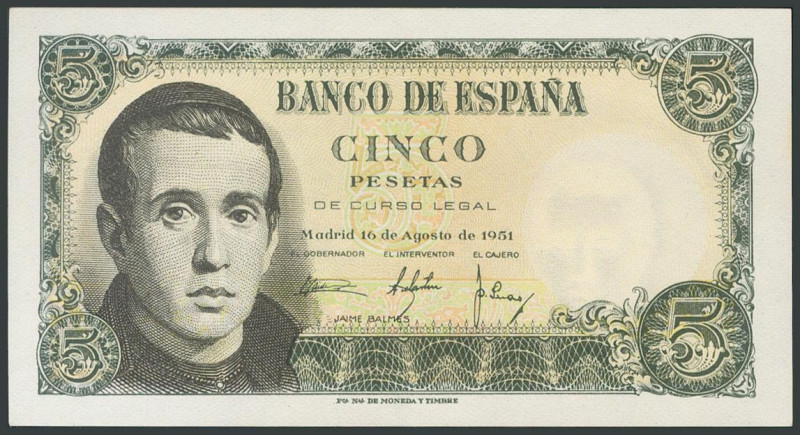 5 Pesetas. 16 de Agosto de 1951. Serie 1I. (Edifil 2017: 459a). Apresto original...