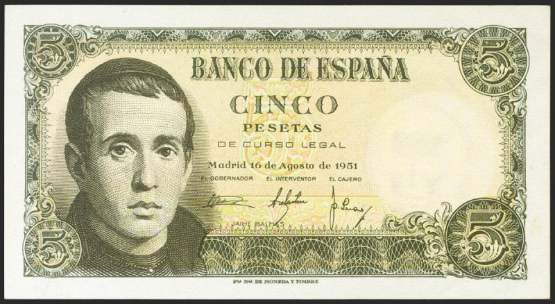 5 Pesetas. 16 de Agosto de 1951. Serie 1J. (Edifil 2021: 459a). Conserva gran pa...