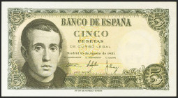 5 Pesetas. 16 de Agosto de 1951. Serie 1J. (Edifil 2021: 459a). Conserva gran parte de su apresto original. EBC+.