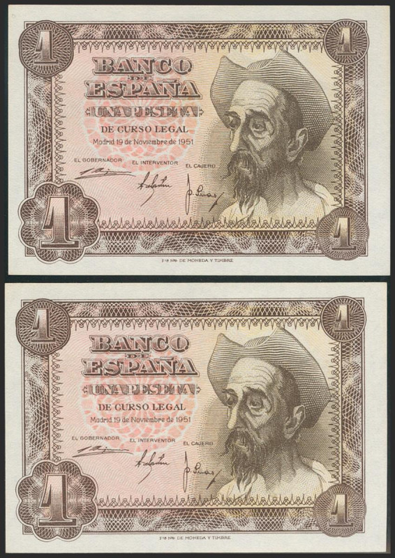 1 Peseta. 19 de Noviembre de 1951. Pareja correlativa. Sin serie. (Edifil 2021: ...