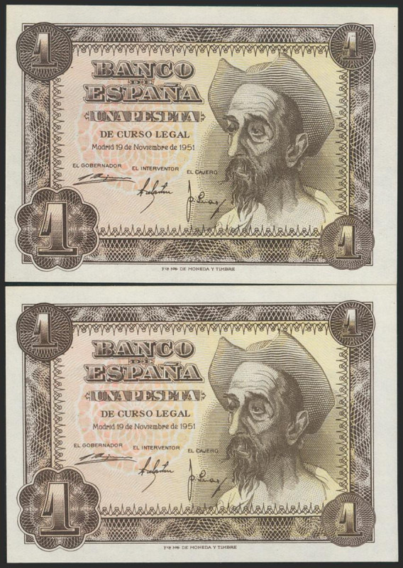 1 Peseta. 19 de Noviembre de 1951. Pareja correlativa. Serie E. (Edifil 2021: 46...