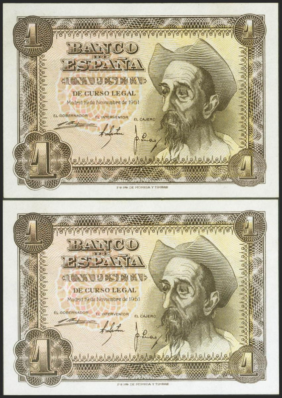 1 Peseta. 19 de Noviembre de 1951. Pareja correlativa. Serie E. (Edifil 2021: 46...