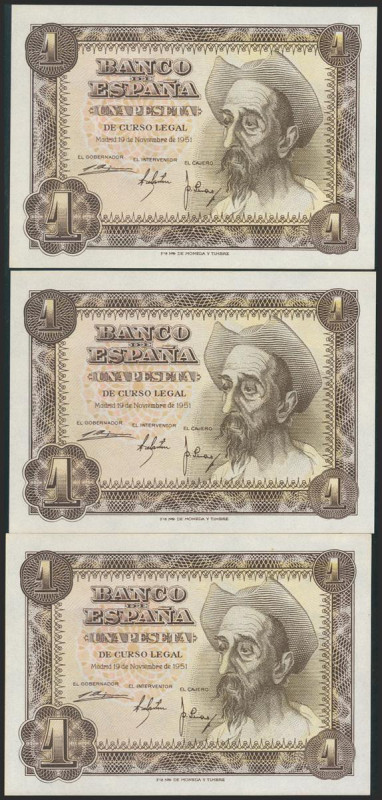 1 Peseta. 19 de Noviembre de 1951. Trío correlativo. Serie E. (Edifil 2021: 461a...