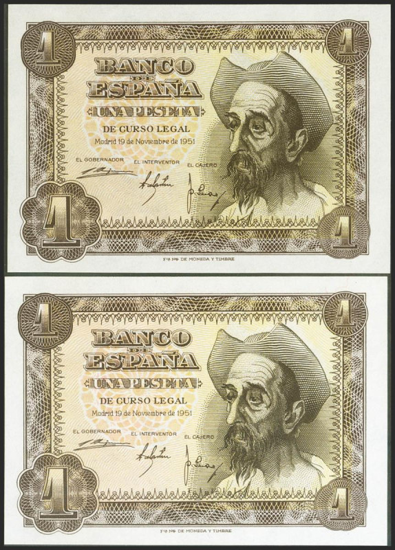 1 Peseta. 19 de Noviembre de 1951. Pareja correlativa. Serie H. (Edifil 2021: 46...