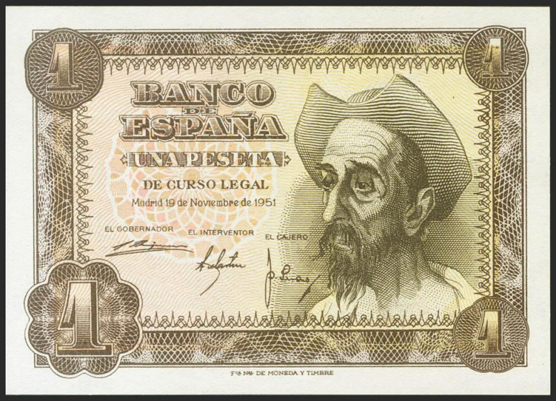 1 Peseta. 19 de Noviembre de 1951. Serie J. (Edifil 2021: 461a). Apresto origina...