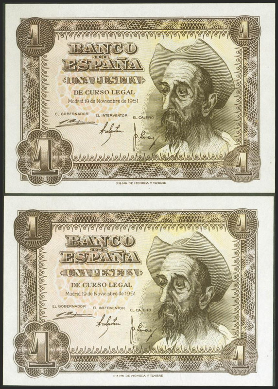 1 Peseta. 19 de Noviembre de 1951. Pareja correlativa. Serie K. (Edifil 2021: 46...