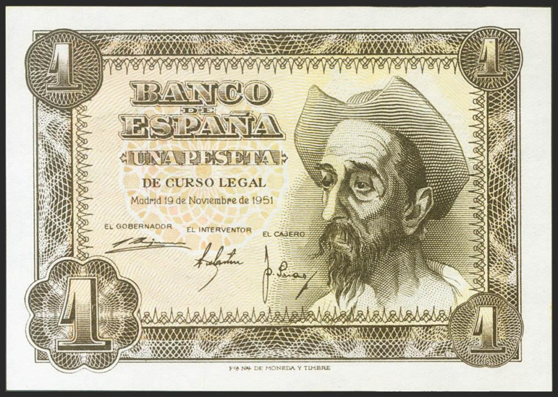 1 Peseta. 19 de Noviembre de 1951. Serie N. (Edifil 2021: 461a). Apresto origina...