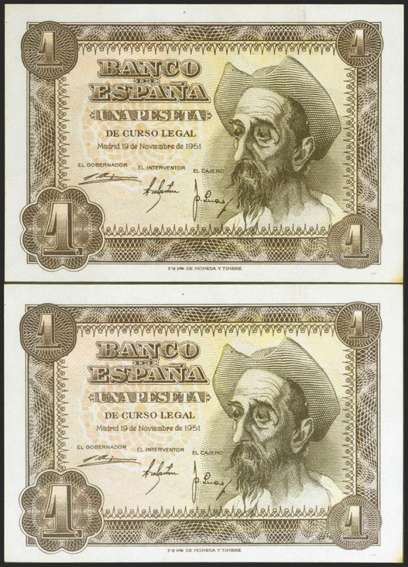 1 Peseta. 19 de Noviembre de 1951. Pareja correlativa. Serie P. (Edifil 2021: 46...