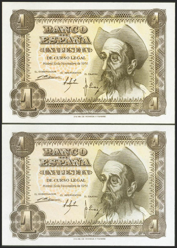 1 Peseta. 19 de Noviembre de 1951. Pareja correlativa. Serie Q. (Edifil 2021: 46...