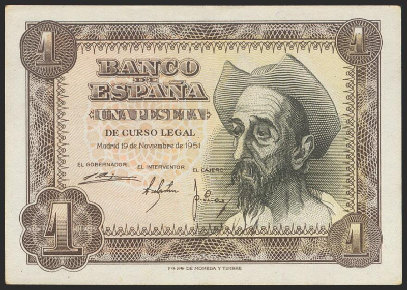 1 Peseta. 19 de Noviembre de 1951. Serie Q. (Edifil 2021: 461a). Conserva gran p...