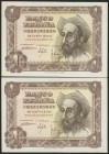 1 Peseta. 19 de Noviembre de 1951. Pareja correlativa. Serie R. (Edifil 2021: 461a). Apresto original. SC.