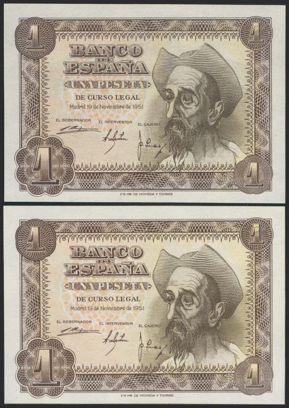 1 Peseta. 19 de Noviembre de 1951. Pareja correlativa. Serie S. (Edifil 2021: 46...