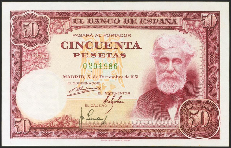 50 Pesetas. 31 de Diciembre de 1951. Sin serie. (Edifil 2021: 462, Pick: 141a). ...