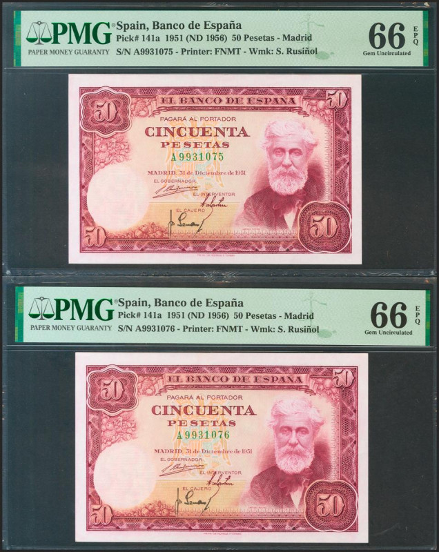 50 Pesetas. 31 de Diciembre de 1951. Pareja correlativa. Serie A. (Edifil 2021: ...