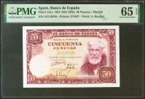 50 Pesetas. 31 de Diciembre de 1951. Serie A. (Edifil 2021: 462a, Pick: 141a). Inusual en esta calidad, apresto original. SC. Encapsulado PMG65EPQ.