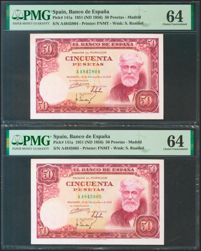 50 Pesetas. 31 de Diciembre de 1951. Pareja correlativa. Serie A. (Edifil 2021: ...