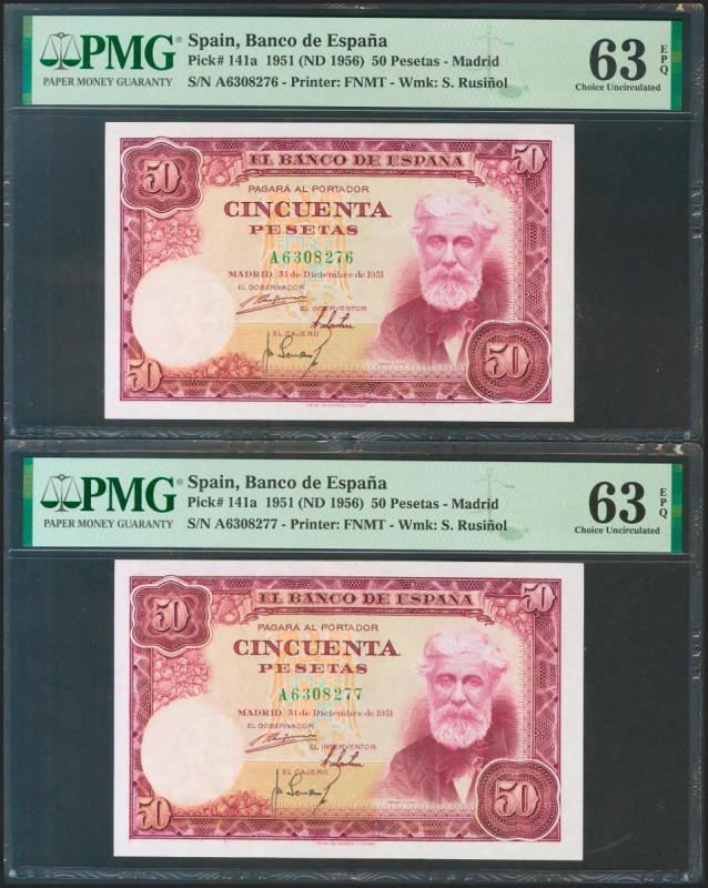 50 Pesetas. 31 de Diciembre de 1951. Pareja correlativa. Serie A. (Edifil 2021: ...