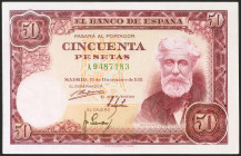 50 Pesetas. 31 de Diciembre de 1951. Serie A. (Edifil 2021: 462a). Conserva todo su apresto original. SC-.