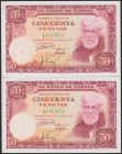 50 Pesetas. 31 de Diciembre de 1951. Pareja correlativa. Serie A. Esquina superior izquierda marcada en ambos billetes. (Edifil 2017: 462a). Apresto o...