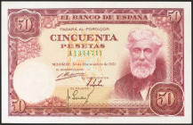 50 Pesetas. 31 de Diciembre de 1951. Serie A. (Edifil 2021: 462a). Conserva todo el apresto original. SC--.