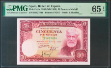50 Pesetas. 31 de Diciembre de 1951. Serie B. (Edifil 2021: 462a, Pick: 141a). Raro en esta calidad, apresto original. SC. Encapsulado PMG65EPQ.