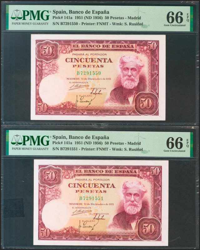 50 Pesetas. 31 de Diciembre de 1951. Pareja correlativa. Serie B. (Edifil 2021: ...
