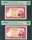 50 Pesetas. 31 de Diciembre de 1951. Pareja correlativa. Serie B. (Edifil 2021: 462a). Rarísima en esta calidad, conserva todo su apresto original. SC...