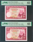 50 Pesetas. 31 de Diciembre de 1951. Pareja correlativa. Serie B. (Edifil 2021: 462a, Pick: 141a). Rara en esta calidad, apresto original. SC. Encapsu...