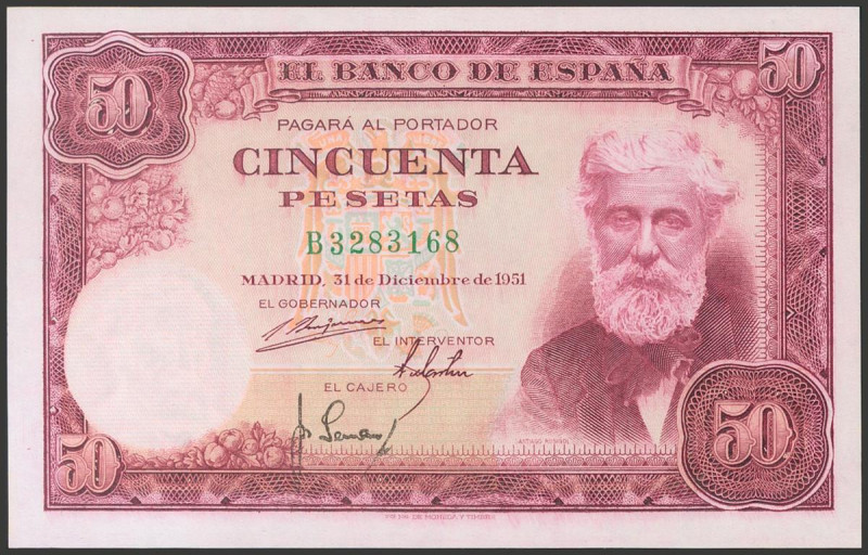 50 Pesetas. 31 de Diciembre de 1951. Serie B. (Edifil 2017: 462a). Conserva todo...