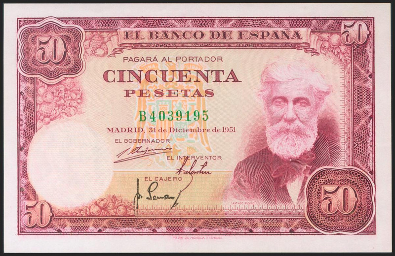 50 Pesetas. 31 de Diciembre de 1951. Serie B. (Edifil 2021: 462a). Conserva todo...