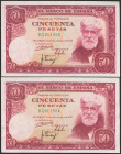 50 Pesetas. 31 de Diciembre de 1951. Pareja correlativa. Serie B. (Edifil 2021: 462a). Conserva gran parte del apresto original. EBC+.