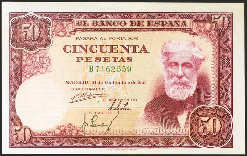 50 Pesetas. 31 de Diciembre de 1951. Serie B. (Edifil 2021: 462a). Conserva gran...