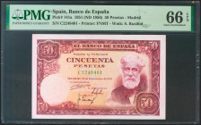 50 Pesetas. 31 de Diciembre de 1951. Serie C. (Edifil 2021: 462a, Pick: 141a). Rarísimo en esta calidad, apresto original. SC. Encapsulado PMG66EPQ.