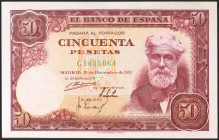 50 Pesetas. 31 de Diciembre de 1951. Serie C, última serie emitida. (Edifil 2021: 462a). Apresto original. EBC+.