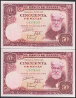 50 Pesetas. 31 de Diciembre de 1951. Pareja correlativa. Serie C. (Edifil 2021: 462a). Conserva gran parte del apresto original. EBC+.
