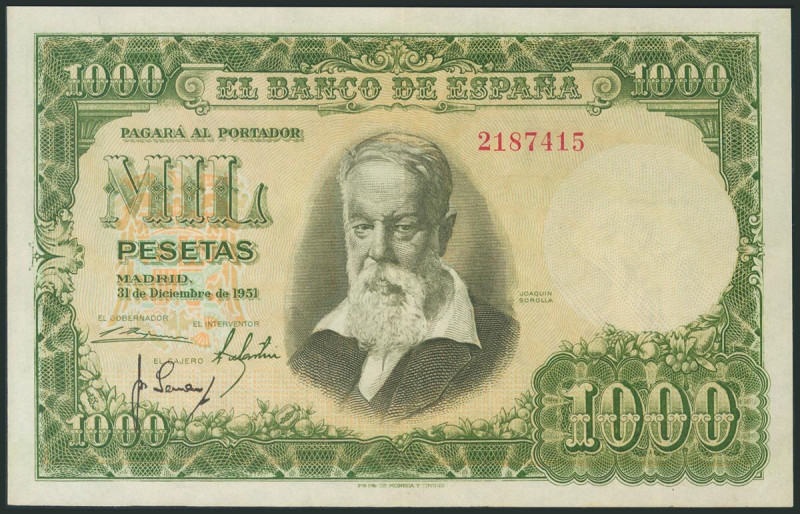 1000 Pesetas. 31 de Diciembre de 1951. Sin serie. (Edifil 2017: 463). Conserva p...