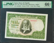 1000 Pesetas. 31 de Diciembre de 1951. Serie A. (Edifil 2021: 463a, Pick: 143a). Rarísimo en esta calidad, apresto original. SC. Encapsulado PMG66EPQ....