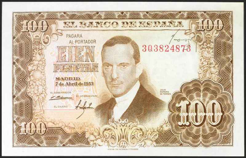 100 Pesetas. 7 de Abril de 1953. Serie 3Q, firma del cajero invertida y en la pa...