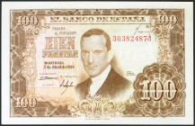 100 Pesetas. 7 de Abril de 1953. Serie 3Q, firma del cajero invertida y en la parte superior. (Edifil 2021: 464c). Apresto original. SC.