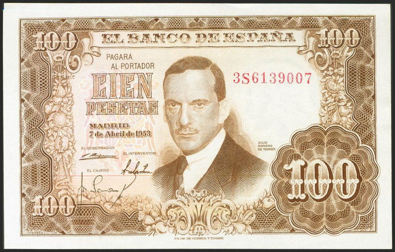 100 Pesetas. 7 de Abril de 1953. Serie 3S. (Edifil 2021: 464c). Conserva todo su...