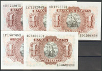 Precioso e interesante conjunto de 7 billetes de 1 Peseta emitidos el 22 de Julio de 1953, incluyendo todas las letras de la segunda emisión (1A, 1B, ...
