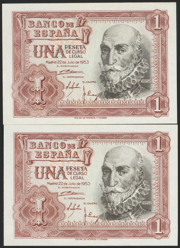 1 Peseta. 22 de Julio de 1953. Pareja correlativa. Serie A. (Edifil 2021: 465a)....