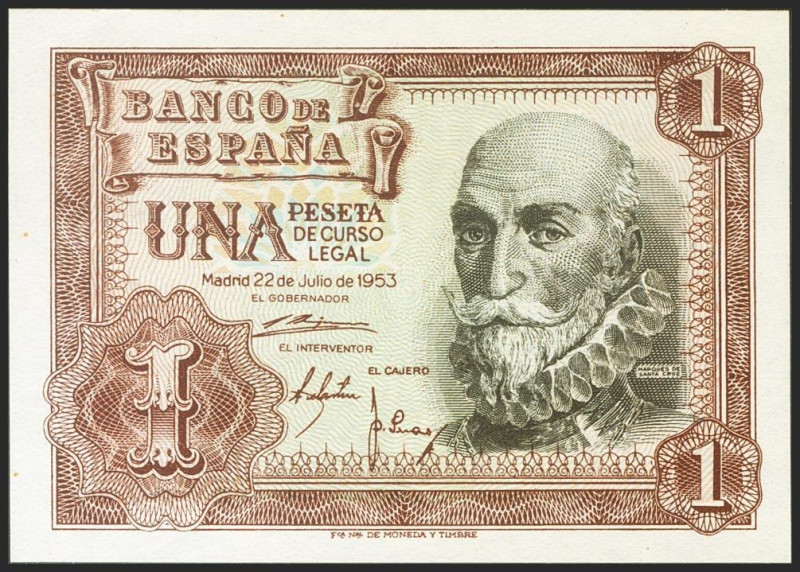 1 Peseta. 22 de Julio de 1953. Serie D. (Edifil 2021: 465a). Apresto original. S...