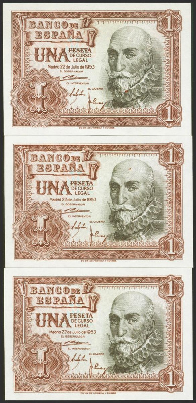 1 Peseta. 22 de Julio de 1953. Trío correlativo. Serie M. (Edifil 2017: 465a). S...