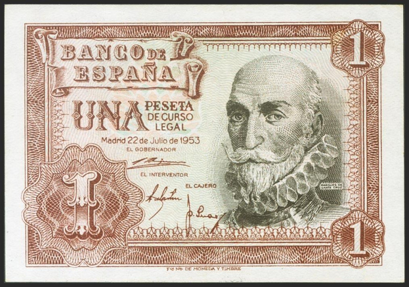 1 Peseta. 22 de Julio de 1953. Serie Q. (Edifil 2021: 465a). Conserva la mayor p...