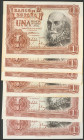 Conjunto de 8 billetes de 1 Peseta emitidos el 22 de Julio de 1953, en diferentes tramos correlativos y con la serie S, incluye una pareja correlativa...