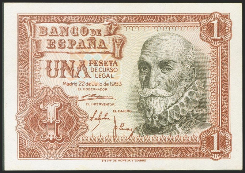 1 Peseta. 22 de Julio de 1953. Serie T. (Edifil 2021: 465a). Apresto original. S...