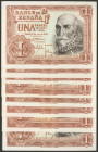 Conjunto de 8 billetes (algunos en tramos correlativos) de 1 Peseta emitidos el el 22 de Julio de 1953 con la serie V (Edifil 2017: 465a), con todo su...