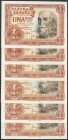 Conjunto de 6 billetes (algunos en tramos correlativos) de 1 Peseta emitidos el el 22 de Julio de 1953 con la serie W (Edifil 2017: 465a), con todo su...