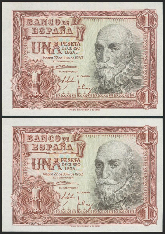 1 Peseta. 22 de Julio de 1953. Pareja correlativa. Serie X. (Edifil 2021: 465a)....